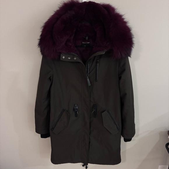 Mackage Moritz Twill Parka with Fur Lined Hood Green and Burgundy - Picture 3 of 9